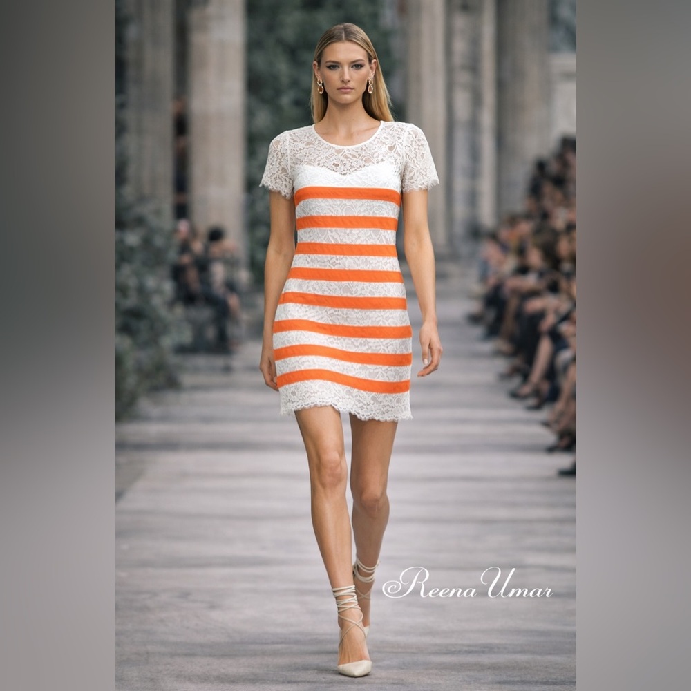 BCBGMAXAZRIA “ROXINE” White Lace Mini Dress with Orange Stripes – Size Small